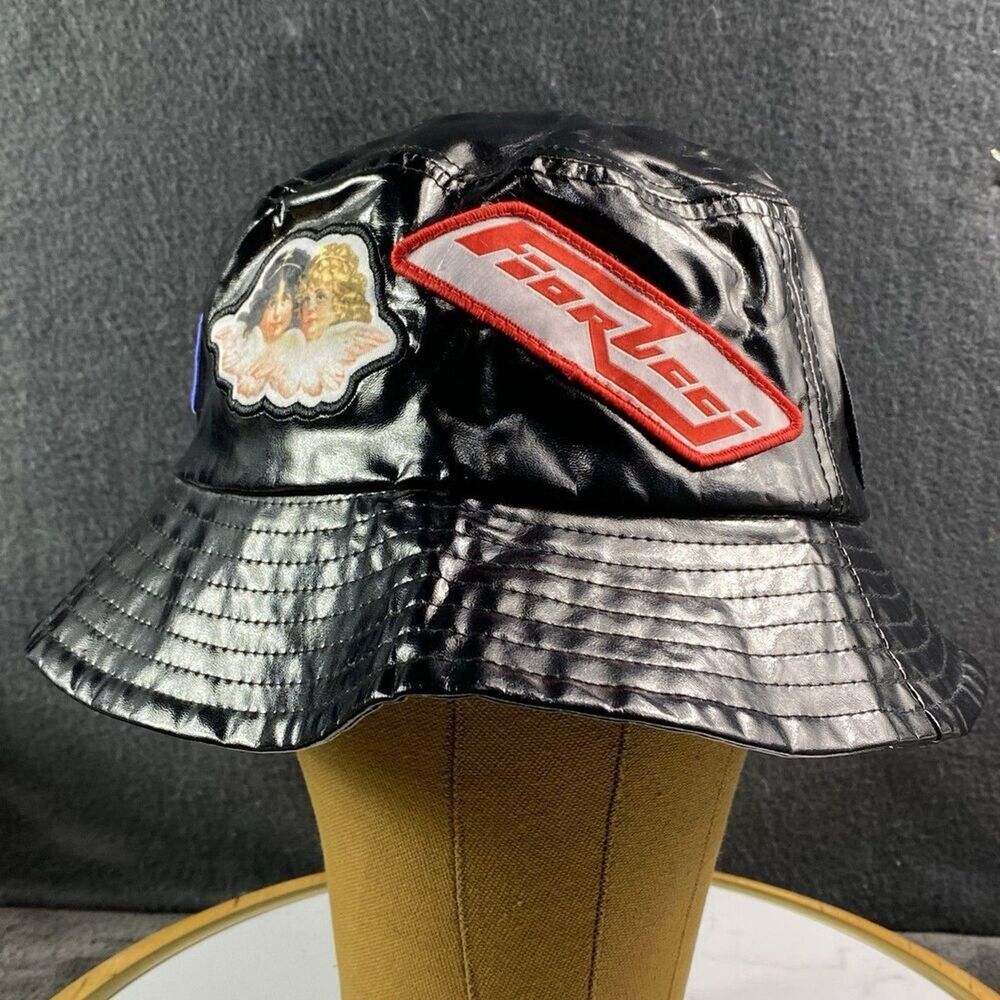 Fiorucci Black Vinyl Bucket Hat Multi Patch Angels Safety Jeans 90s Style Y2K